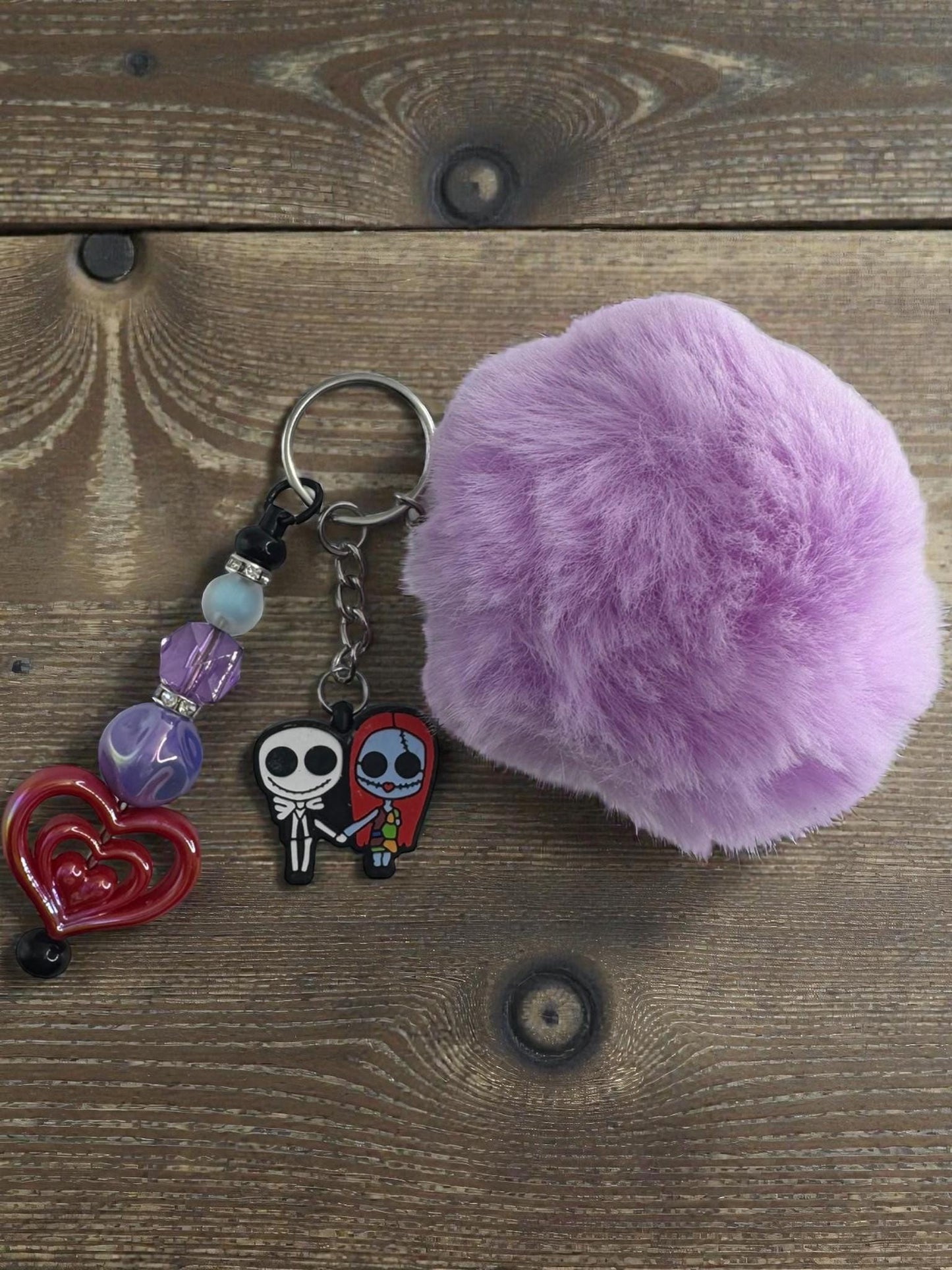 Jack and Sally Heart Keychain | Nightmare Before Christmas Pom Pom Bag Charm | Handmade Gift