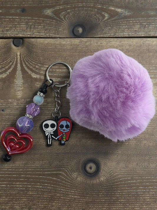 Jack and Sally Heart Keychain | Nightmare Before Christmas Pom Pom Bag Charm | Handmade Gift