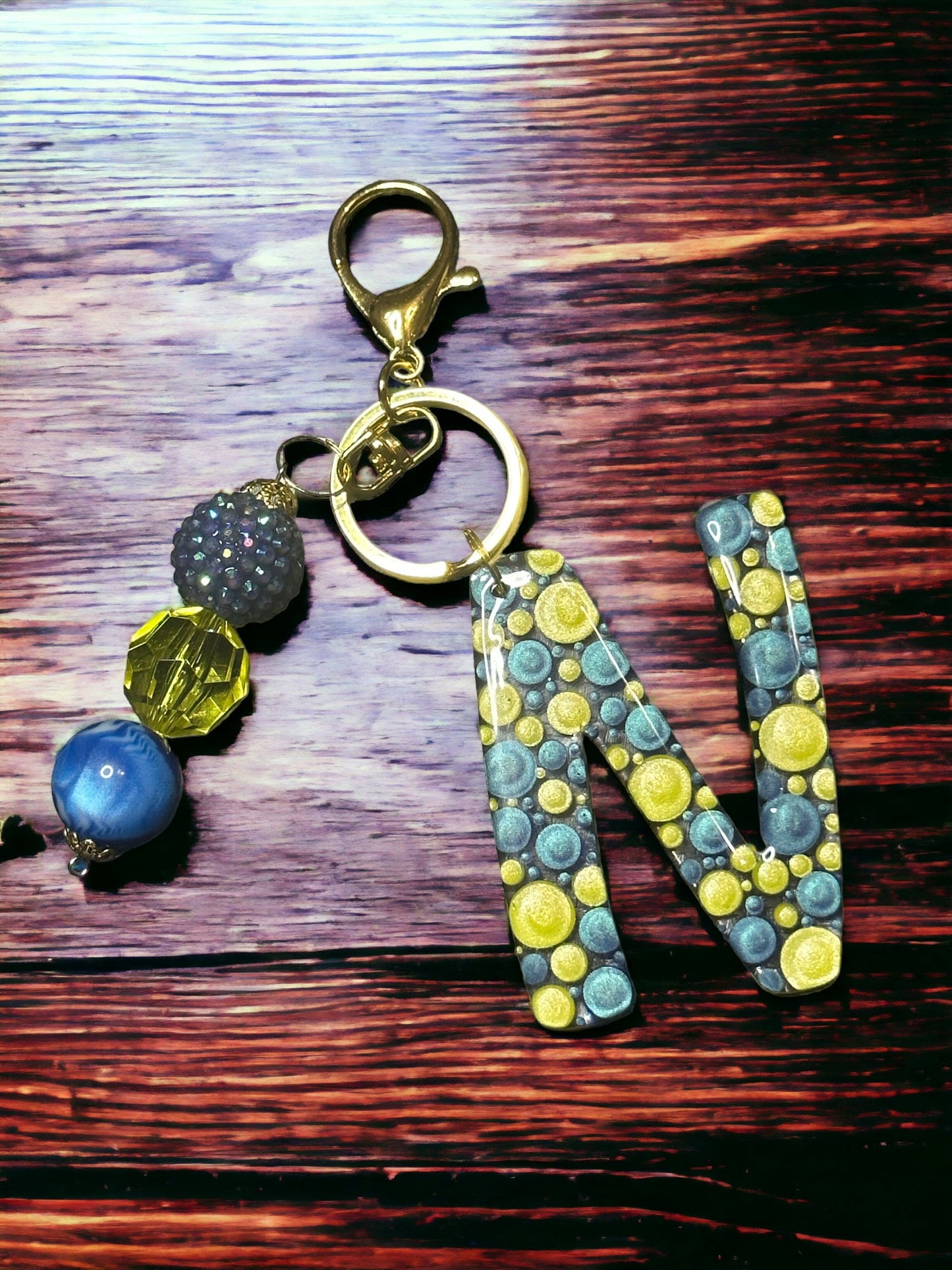 Dot Art Letter N Keychain: Bubblegum Bead Monogram Bag Charm