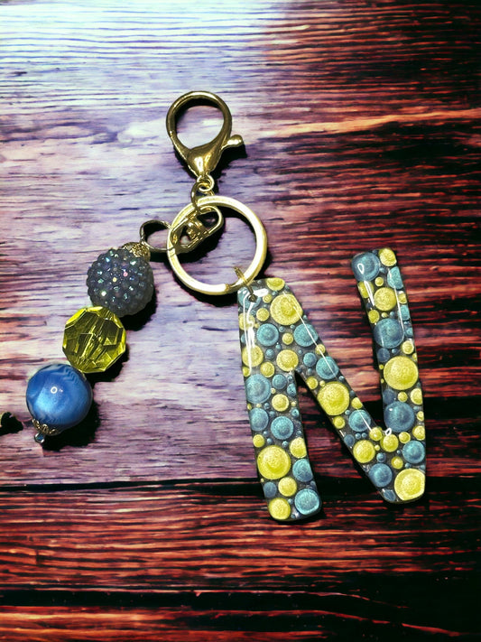 Dot Art Letter N Keychain: Bubblegum Bead Monogram Bag Charm